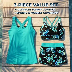 Tempt Me Three Piece Tankini Swimsuits for Women Athletic Bathing Suits Swim Tank Top with Boy Shorts and Bra Modest Swimwear  SwimWeek  summervibes