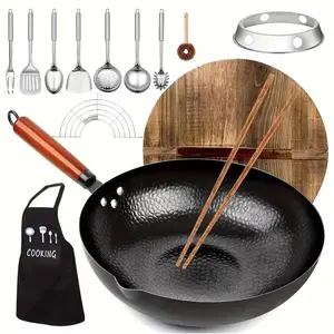 Cast Iron Frying Pan Wok Set, 12.6 Inch Nonstick Skillet with 13 Kitchen Accessories, Works on All Stoves, Great for Home Cooking and Camping