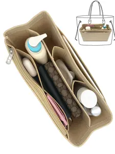 Felt Purse Organizer Insert, Bag in Bag Organizer with Multiple Pockets for Tote Bags, Handbag Shaper Divider Compatible with Neverfull MM, Longchamp Large, Coach Tote 30 (Beige, 12.2×5.1×6.7in)
