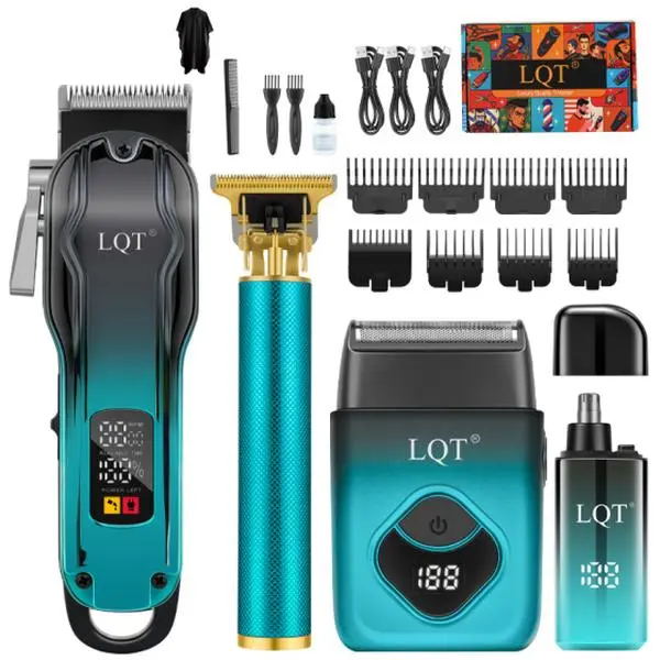 LQT 4-in-1 Professional Men's Cordless Rechargeable Hair Clippers Single Unit - LED Digital Display, 0-Gap T-Blade Carving Trimmer, Nose Hair Trimmer, 8 Guide Combs, Full Styling & Grooming Accessories for Body Face Grooming