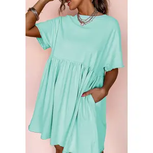 Moonlight Jade Solid Color Pocket Raw Edge Babydoll Dress