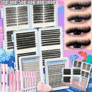 High-capacity eyelash clusters, gift box packaging, various styles available, featuring false eyelashes, 2 pairs of dual-head adhesive, 2 pairs of remover liquid, 2 pairs of tweezers, 6 hair brushes, 2 makeup sponges, D-curved.