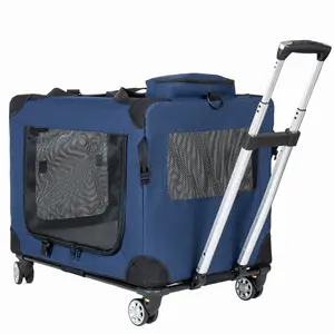 2 in 1, 24'' Collapsible Travel Dog Crate for Medium Large Dogs, Rolling Pet Carrier with Wheels, 3-Door Portable Folding Pet Kennel with Mesh Windows, Indoor Outdoor Travel Use, Dark Blue