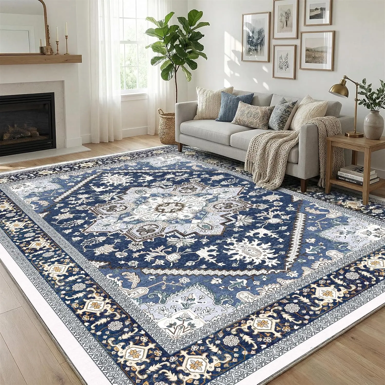 Soft Area Rugs, Persian-Inspired Washable Rug, Fully Washable, Neutral Vintage Retro Low-Profile Carpet, Non-Slip Stain-Resistant Pet-Safe Unisex Floor Mat for Living Room Decor, Rugs for Bedroom