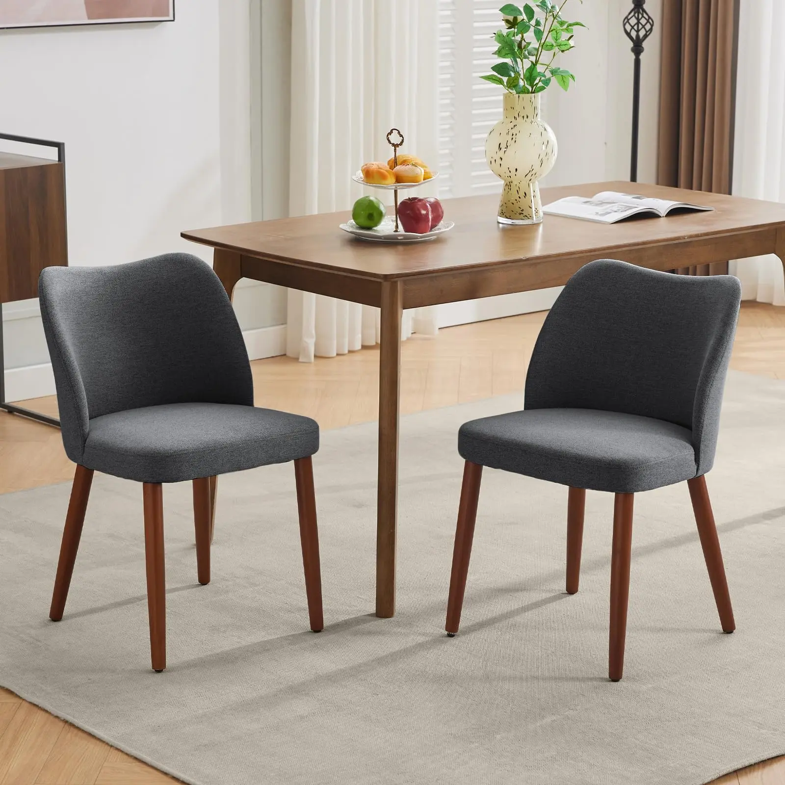 Garvee Set of 2 Linen Dining Chairs with Upholstered Fabric, Wing Backrest, Thick Cushions, Sturdy Wood Legs, and Leveling Feet for Dining and Living Room Comfort