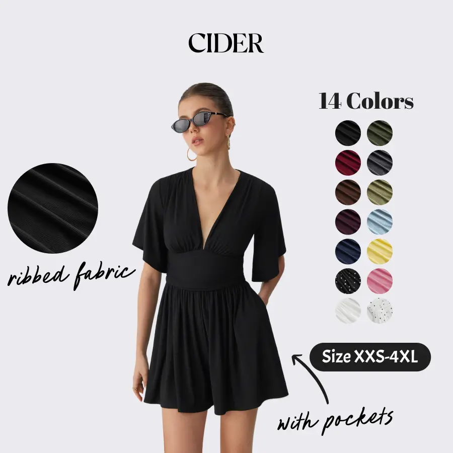 Cider Textured V-neck Ruched Mid Rise Bell Sleeve Ribbed Fabric Romper with Pockets Summer Womenswear Basic Minimalist Jumpsuit SohoChic