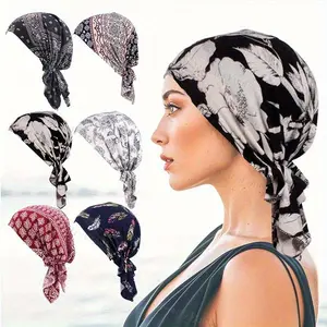 4PCS Women's Cotton Brimless Hats Pre-Tied Floral Headscarf Beanie Set Breathable Lightweight Hats for Travel, Sports, and Daily Wear Comfortable Mixed Colors for All Seasons