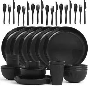 36 Pcs Wheat Straw Dinnerware Set,Dinnerware Sets for 6,Large Round Plates, Bowls and Cups, Unbreakable dish set, Dishwasher and Microwave Safe, Outdoor Camping Dishes (Black)