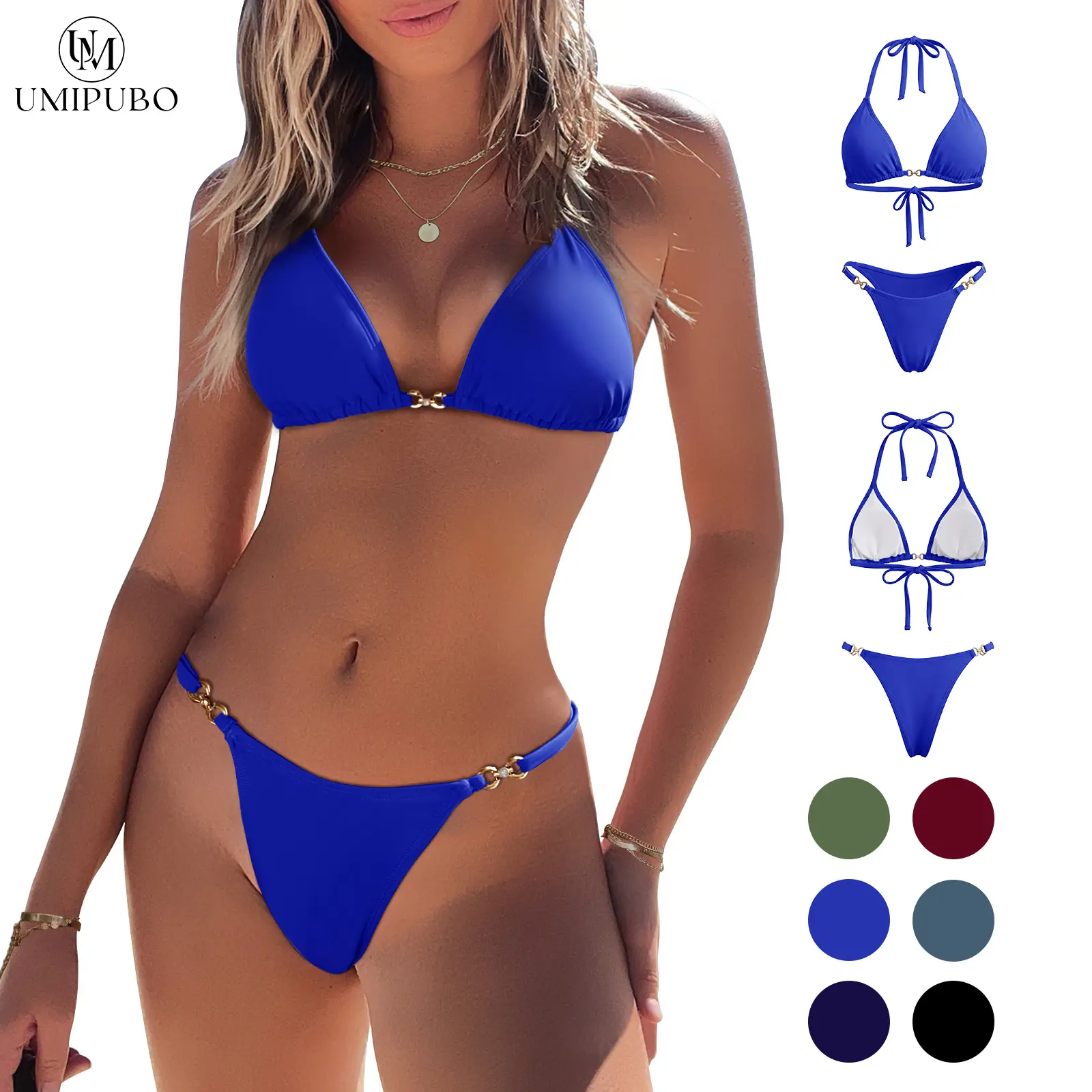 UMIPUBO Shop Sexy Thong Cheeky Bathing Suits Cute Tie Side Triangle Swimwear Women Two Piece Swimsuit Halter String Bikini Set in Black SwimWeek
