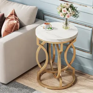 Tribesigns Round End Table, Multifunctional Accent Table Small Side Table for Living Room, Modern White Gold Nightstand with Faux Marble Tabletop, Bedside Table for Bedroom marble table white nightstand