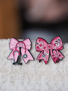 2pcs Pink Medical Bow Soft Enamel Pin Set, Nurse Stethoscope & First Aid Brooch, Great Gift for Nurses, Doctors & Healthcare Workers