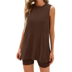 Women's Chic 2-Piece Knit Clothing Set - Soft, Minimalist, Basic, Comfortable Sleeveless Tunic Top & Breathable Lightweight Summer Shorts, Matching, Casual
