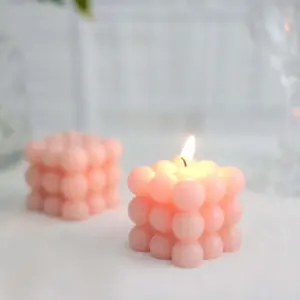 2-Pack Decorative Paraffin Wax Candles 2" Bubble Cube Design Blush - Unscented Long Burning Pillar Candle Set