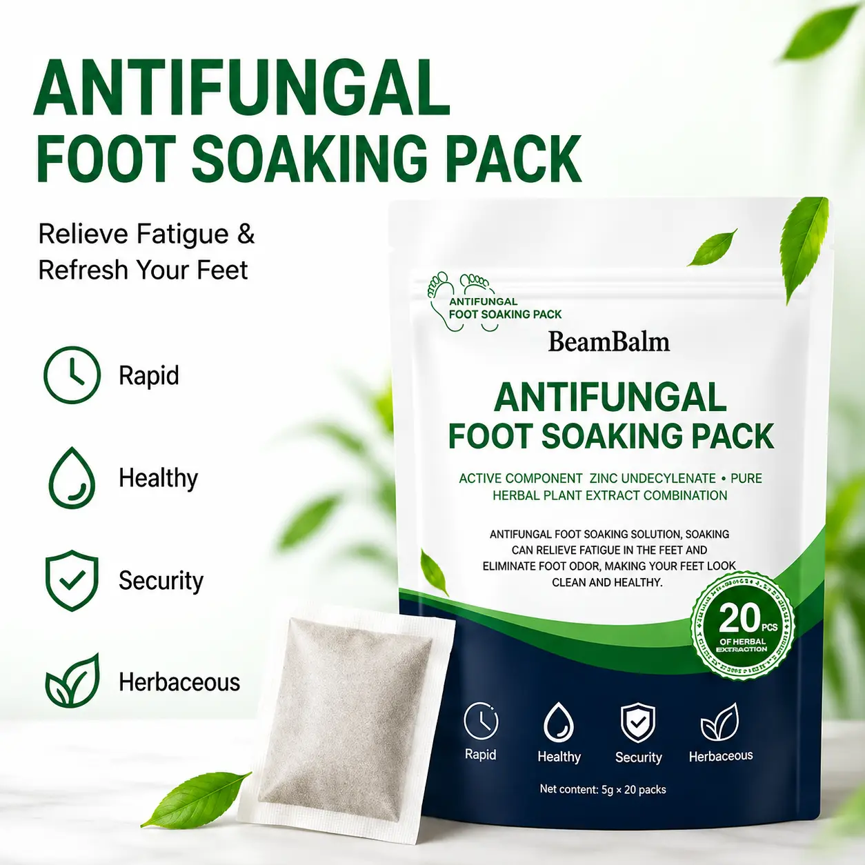 BEAMBALM Antifungal Herbal Foot Soak Powder Packs - Single-Sachet Plant Extract Care Aid, Cleansing Odor Eliminator (20 Packs)