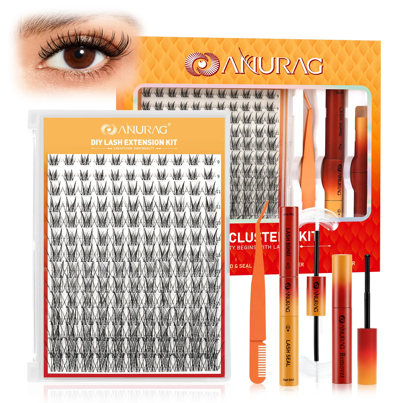 Cluster Lashes Kit, DIY Lash Extension Kit with Mixed Length Individual Lash Clusters, Bond and Seal, Remover and Tweezers, Natural Wispy Eyelashes for Beginners