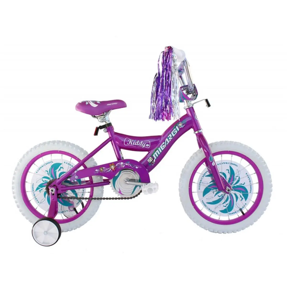 Micargi Girls' 16-inch BMX Bike, High-Tensile Steel Frame with Training Wheels, Coaster Brakes, Padded Bicycle Saddle, Streamers and Purple Front and Rear Rims