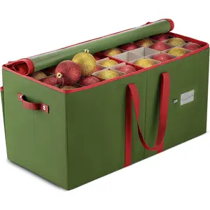 Large Christmas Ornament Storage Box - Stores 128 3" Ornaments, With Dividers - Ornament Organizer Storage Box, Durable Christmas Containers Holder - Extra Pockets, Dual Zipper - Green