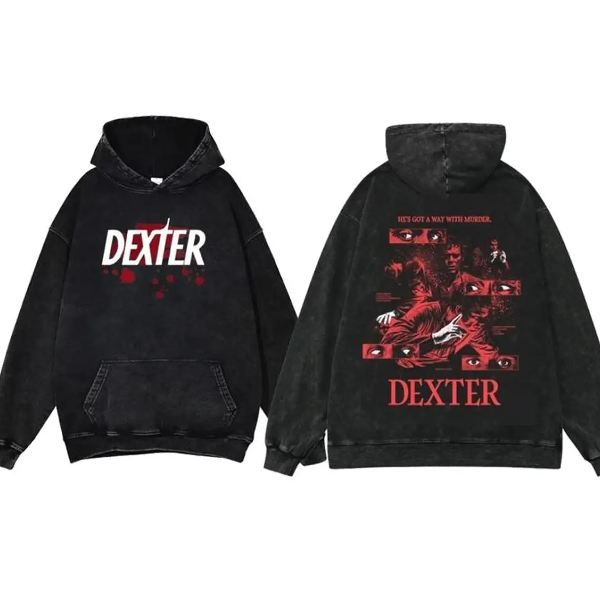 Dexter TV Show Hoodie, Red and Black Blood Splatter, He’s Got a Way with Murder, Vintage TV Show Graphic Hoodie for Dexter Fans 7