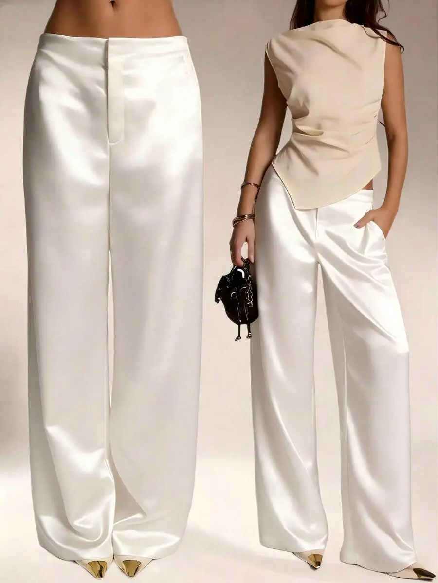 Women's Satin Silk Wide Leg Pants | Solid Color Pocket Trousers | Elegant Vacation Office Outfit
