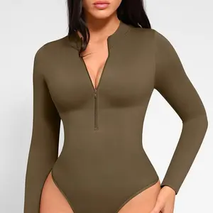 FeelinGirl Long Sleeve Bodysuit for Women Mock Turtle Neck Body Suits Zip Up Design Black Tummy Control Bodysuit Shirts fall   Womenswear Collar Fabric Nylon