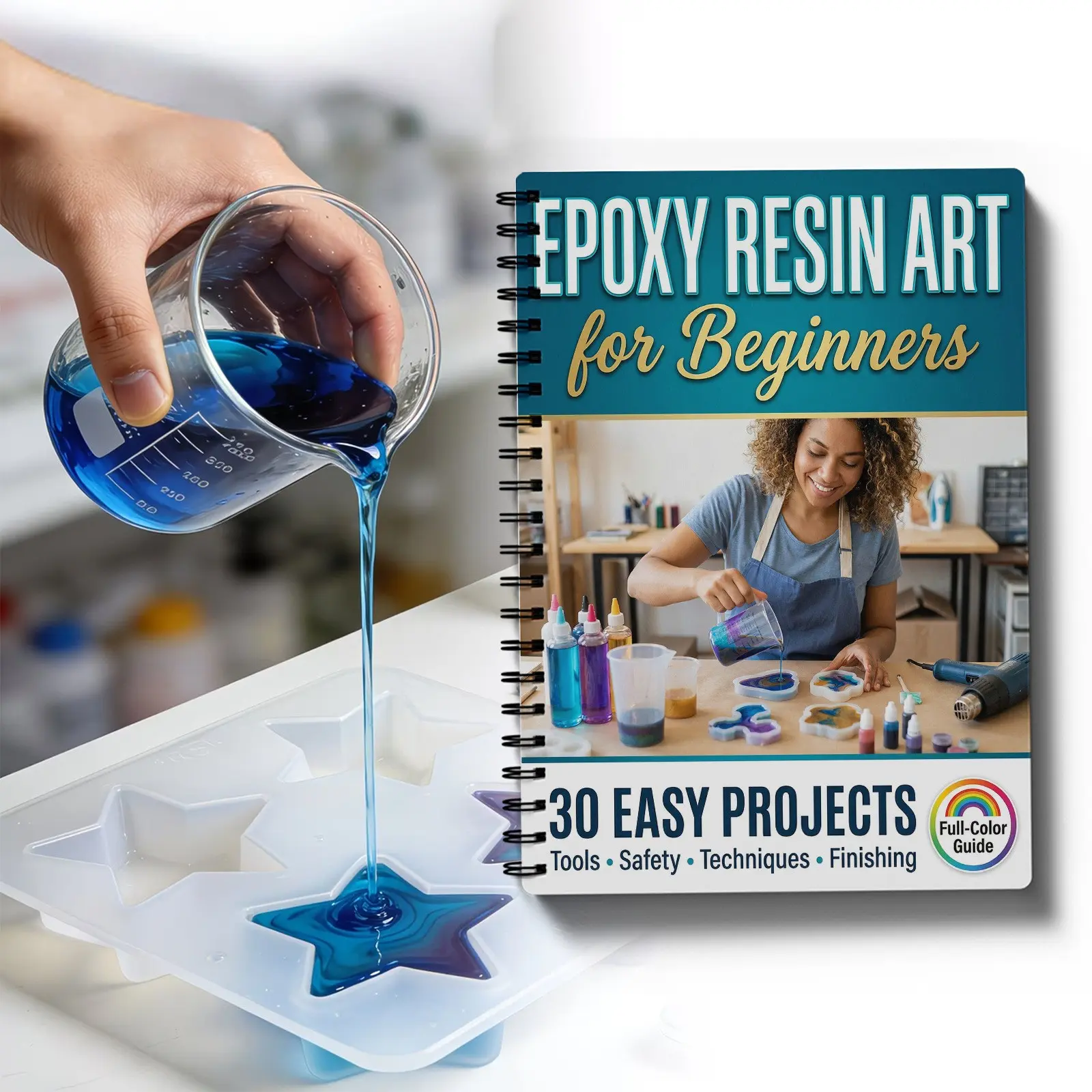 Epoxy Resin Art Beginner Guide, DIY Craft Manual with 30 Simple Projects, Tool Safety Tips, Making Techniques, A5 Spiral Bound Handbook