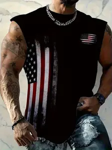 Men's American Flag Sleeveless T-Shirt, Trendy Street Style Casual Vest, Tank Top, Cool Fashion Piece, Loose-Fitting, All over Print, Regular Length, Streetwear, Casual Streetwear Tops, Menswear