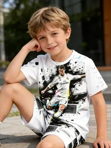 Kids 2 Piece Outfits Boys Summer Short Sleeve T Shirt + Shorts Set Cristiano Ronaldo Real Madrid Number 7 Ink Splash Art Style Shooting Print Football Fan Kids Clothing Casual Athletic Sport Wear for School Daily Football Match & Fan Gathering