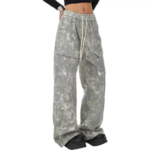 BAKYARDER Vintage Tie-Dye Bootcut Cargo Pants,Multi Pockets Casual High Waist Y2K Baggy Jeans Streetwear