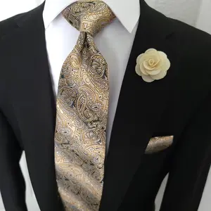 Yellow Brown Paisley Silk Tie Pocket Square Cufflinks Set jw