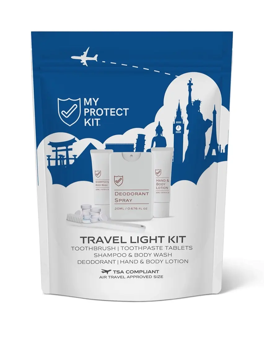 MY PROTECT KIT Travel Light Kit - TSA Approved Toiletries Set with 14 Mess-Free Toothpaste Tablets, Deodorant Spray, Shampoo & Body Wash, and Hand & Body Lotion Body Care Bergamot