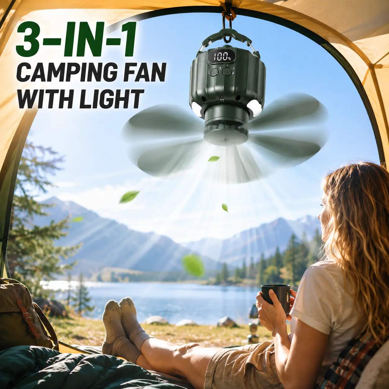 Portable Camping Ceiling LED Fan 10400mAh Powered Hanging Tent Lantern Fan Power Bank with 3 Fan Speed 3 Light Brightness Smart Timer-4923