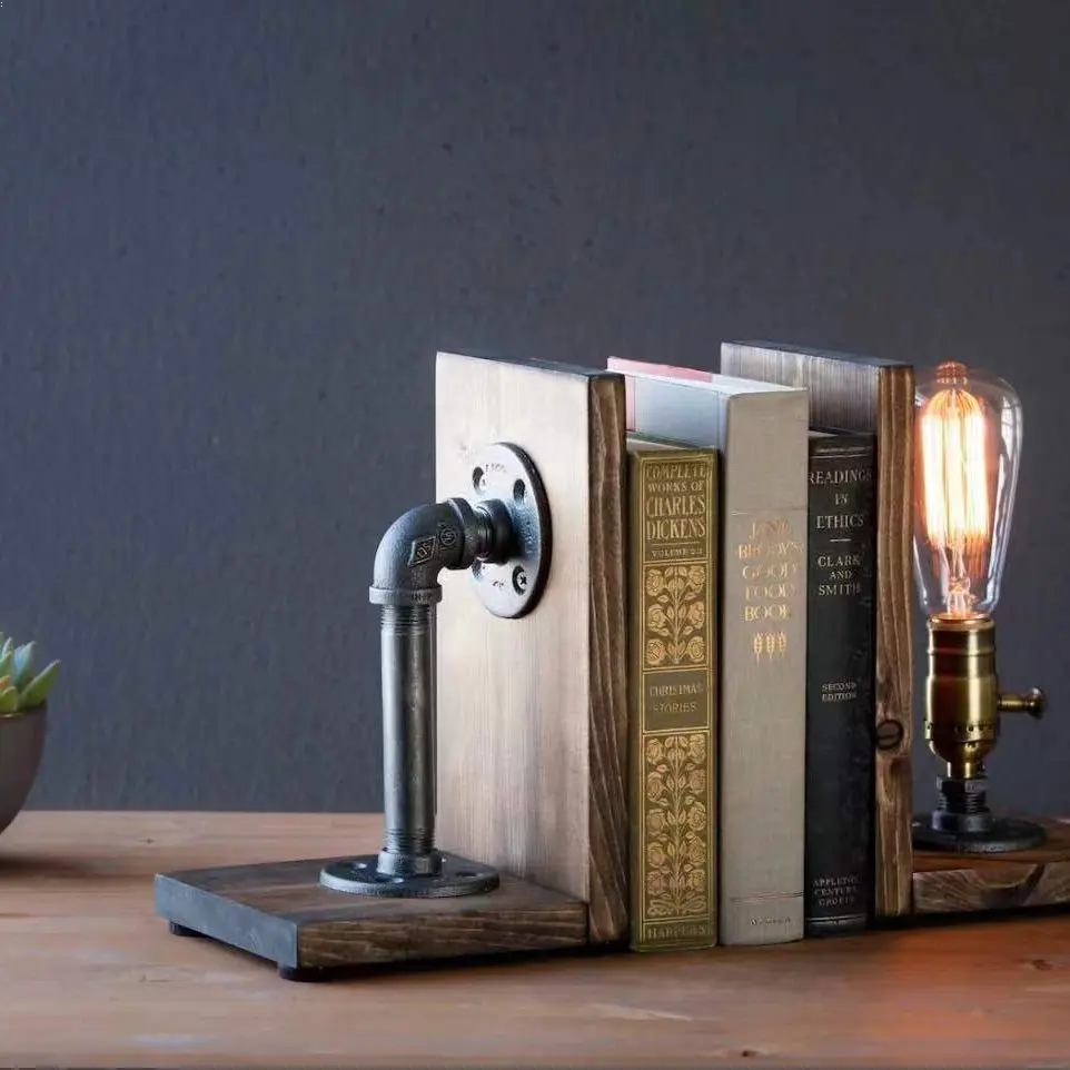 Industrial bookend Steampunk table pipe lamp with Classic Edison bulb and Weathered wood base