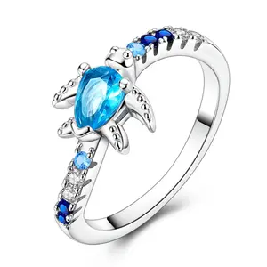 LAZA Women's Turtle Ring, Silver Plated Platinum Plated Animal Ring with Blue Crystals and Cubic Zirconia, Ocean Themed Jewelry for Birthdays, Summer, Vacation or Christmas