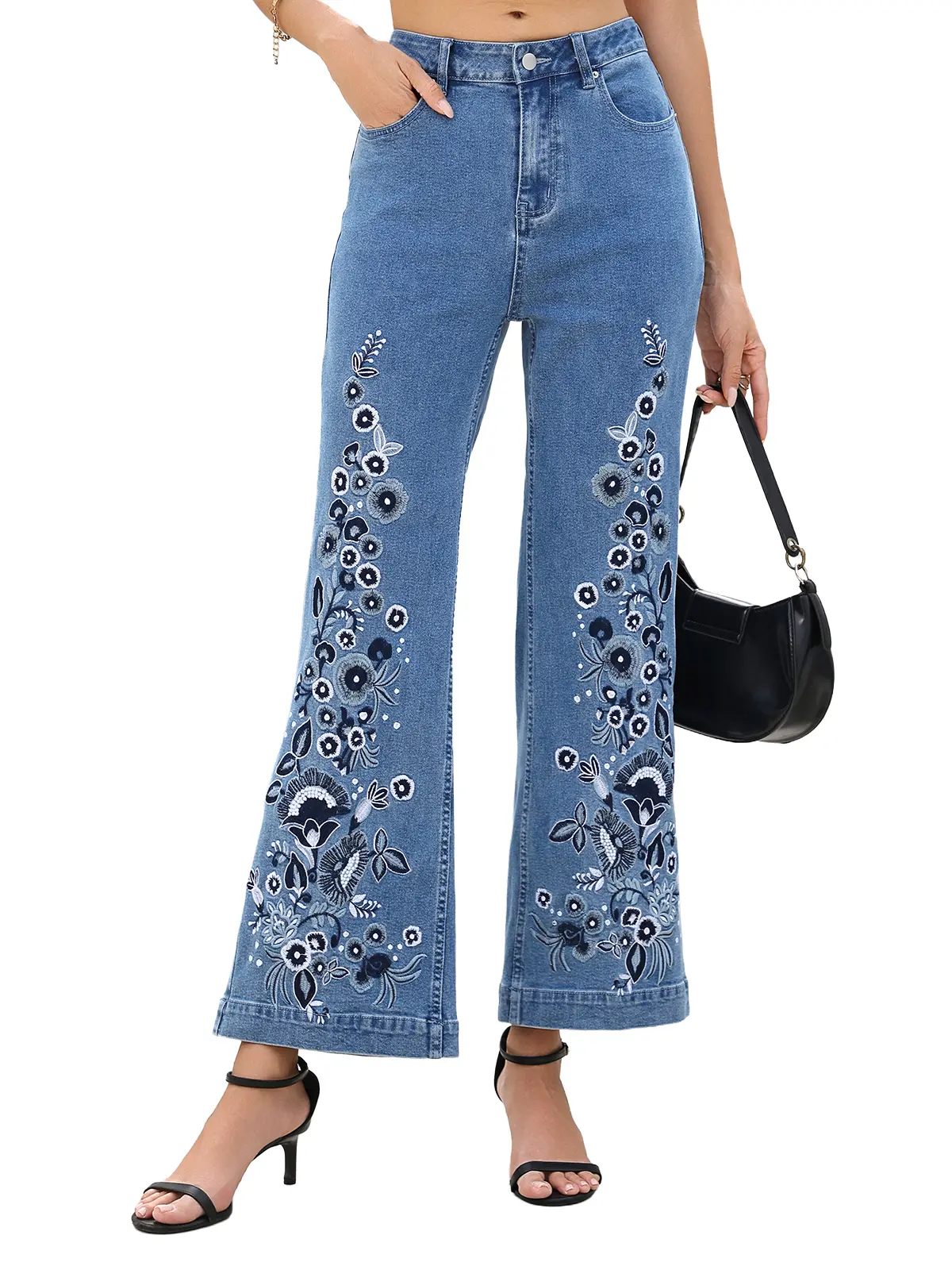Women's Floral Embroidered Flare Jeans, Boho Stretch Denim Pants