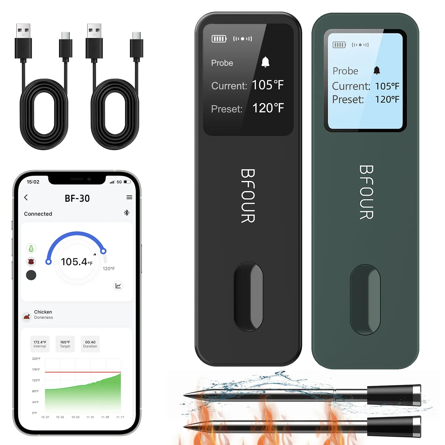 BFOUR Wireless Meat Thermometer - 328ft Rechargeable Bluetooth Wireless Food Thermometer, Men's gift box, suitable for Oven, Grill, BBQ, Smoker, Cooking Tool, Kitchen Utensils Measuring Kitchenware