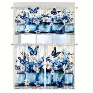 SoftHaven 3-Piece USA-Made Kitchen Curtain Set, Blue Bottle Floral & Butterfly Print, Rod Pocket Design, 100% Polyester, Elegant Window Drapes, Curtains for Living Room, Ideal for Kitchen & Cafe Decor