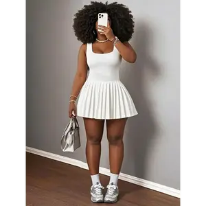 Women’s solid square-neck skater dress, casual fashion short dress for daily outdoor wear, women’s summer dresses, tennis attire, active dress