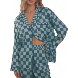 Women’s 2-Piece Pajama Set – Long-Sleeve Checked Print Button-Up Shirt + Pants, Sleepwear/Loungewear