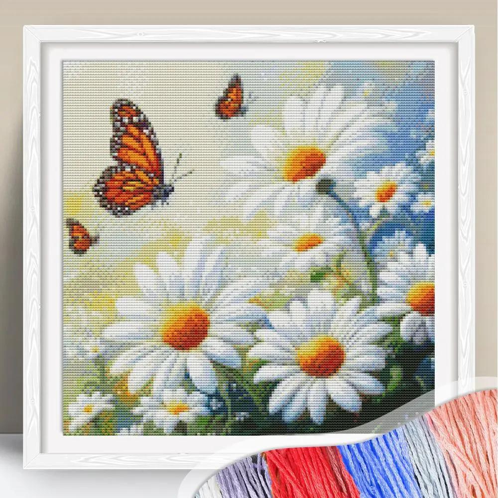 Flower Pattern Cross Stitch Kit, 11CT Cross Stitch Butterfly Needlework Craft, Room Decoration, DIY Cross Stitch Kit for Beginners, DIY Kits