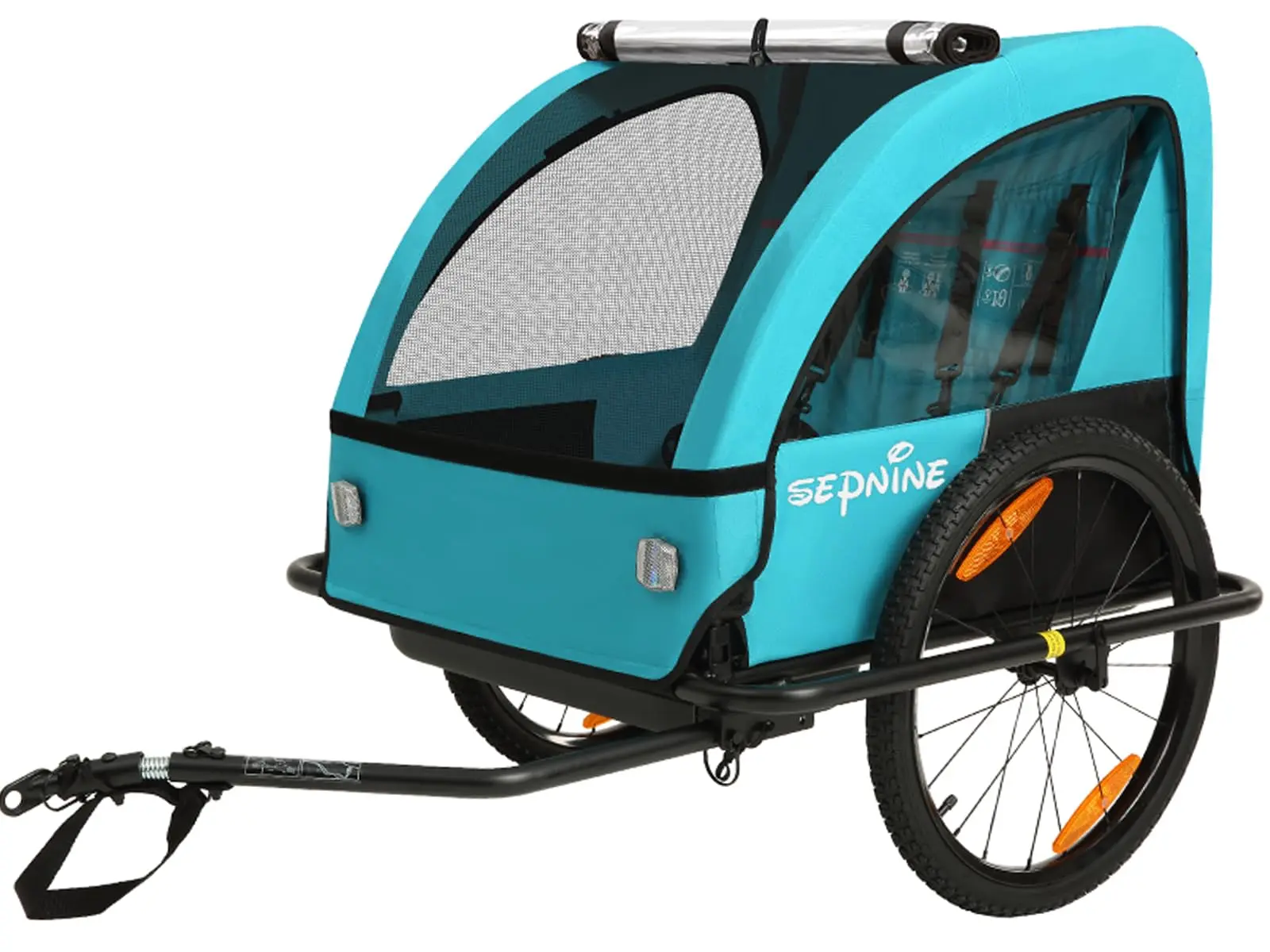 SEPNINE Bicycle Toddler Stroller Trailer, 1-2 Child Double Seats, Universal Coupler, Foldable Design, Canopy with Bug Screen & Weather Shield, 5-Point Harness, Storage Bags