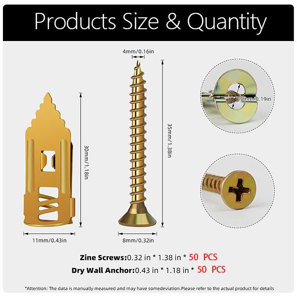 100 PCS Drywall Self Drilling Anchors with Screws Kit,50 PCS Sheetrock Anchors and 50 PCS Screws, for Picture Frames, Shelves, TV, Zinc Plated Steel, No Drill Needed
