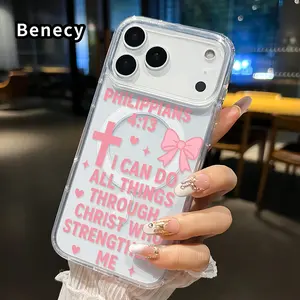 Magnetic Phone case for iPhone 17 16  Pro Max Plus 15 14 13 12 11 Air E Faithful Pink Verse Pattern Non-Yellowing Shockproof Soft Silicone Transparent Acrylic Large Hole Cover Supports Wireless Charging Protective Protection Cellphone Casing