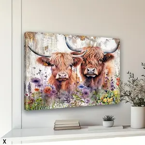 2D Flat Framed, Country Style Cow Picture Wall Decor Farmhouse Highland Cow Bathroom Wall Art Vintage Wildflower Cow Poster Bedroom Animal Canvas Print Modern Artwork Kitchen Living Room Bed Home Decor
