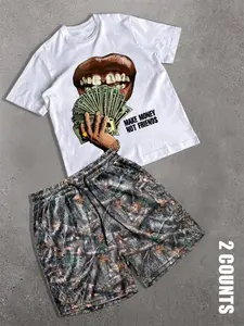 Men's Letter & Money Graphic Tee & Shorts Two-Piece Camo Set, Regular Fit Casual Round Neck Short Sleeve T-shirt & Drawstring Waist Shorts, Men's Summer Clothes for Beach Vacation
