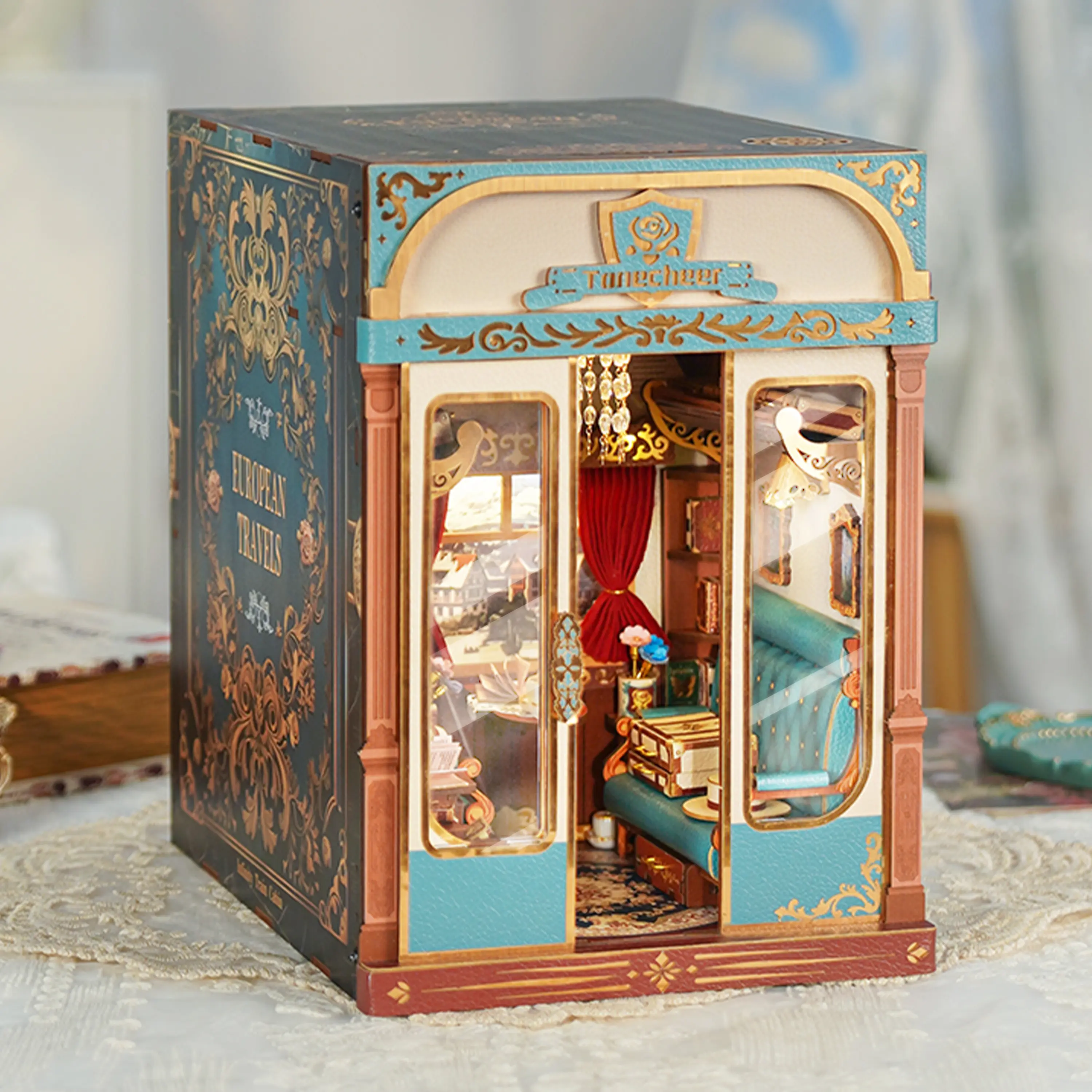 Tonecheer DIY Wooden 3D Book Nook Puzzle Kit for Adults - European Vintage Carriage, Infinity Train Cabin, Miniature Furniture, Decorative Bookend Gift, Doll Set, Wooden Interlocking Diorama Kits (European Travels, Summervibes) Playhouse