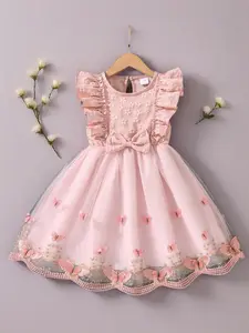 Girl's Butterfly Pattern Bow Decor Dress, Cute Round Neck Casual Dress for Summer, Kids Clothes for Daily Wear