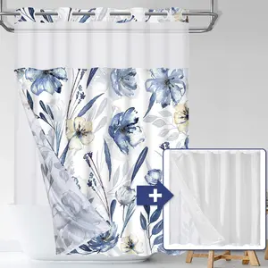 No Hook Shower Curtain with Snap On Shower Curtain Liners Replacement, Hotel Blue Floral Shower Curtain with 2 Liners and See Through Window, Double, Waterproof, Washable, 71" x 74"