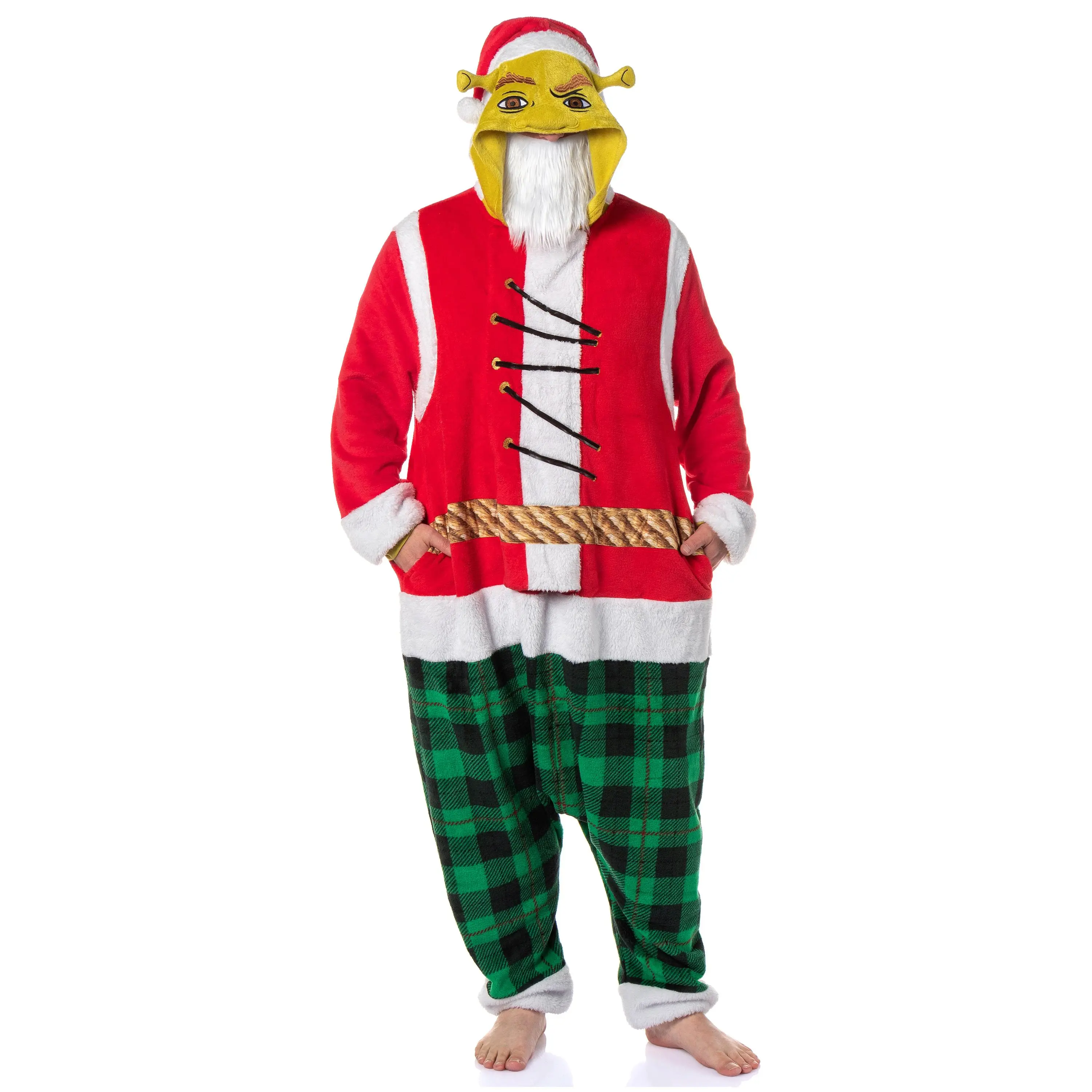 Shrek The Halls Ogre Christmas Santa Adult Unisex Pajamas Fleece Hooded Holiday Kigurumi  Union Suit