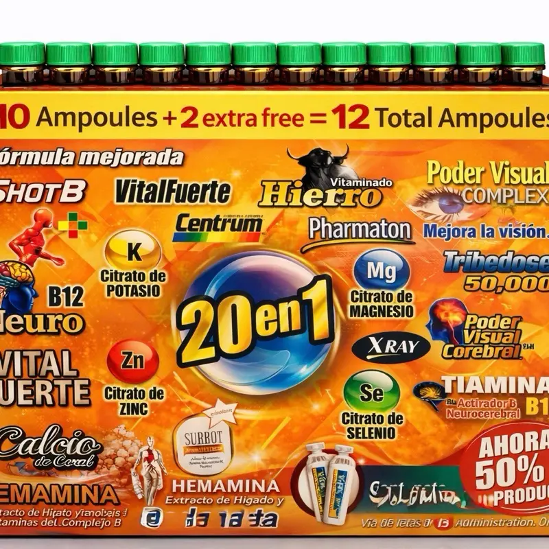 20en1  Hierro multi vitamin Complex B B12 Antioxidant Supplement - 12 Single Doses of 15 mL for avanzada La mas completa daily energy and wellness iron minerals