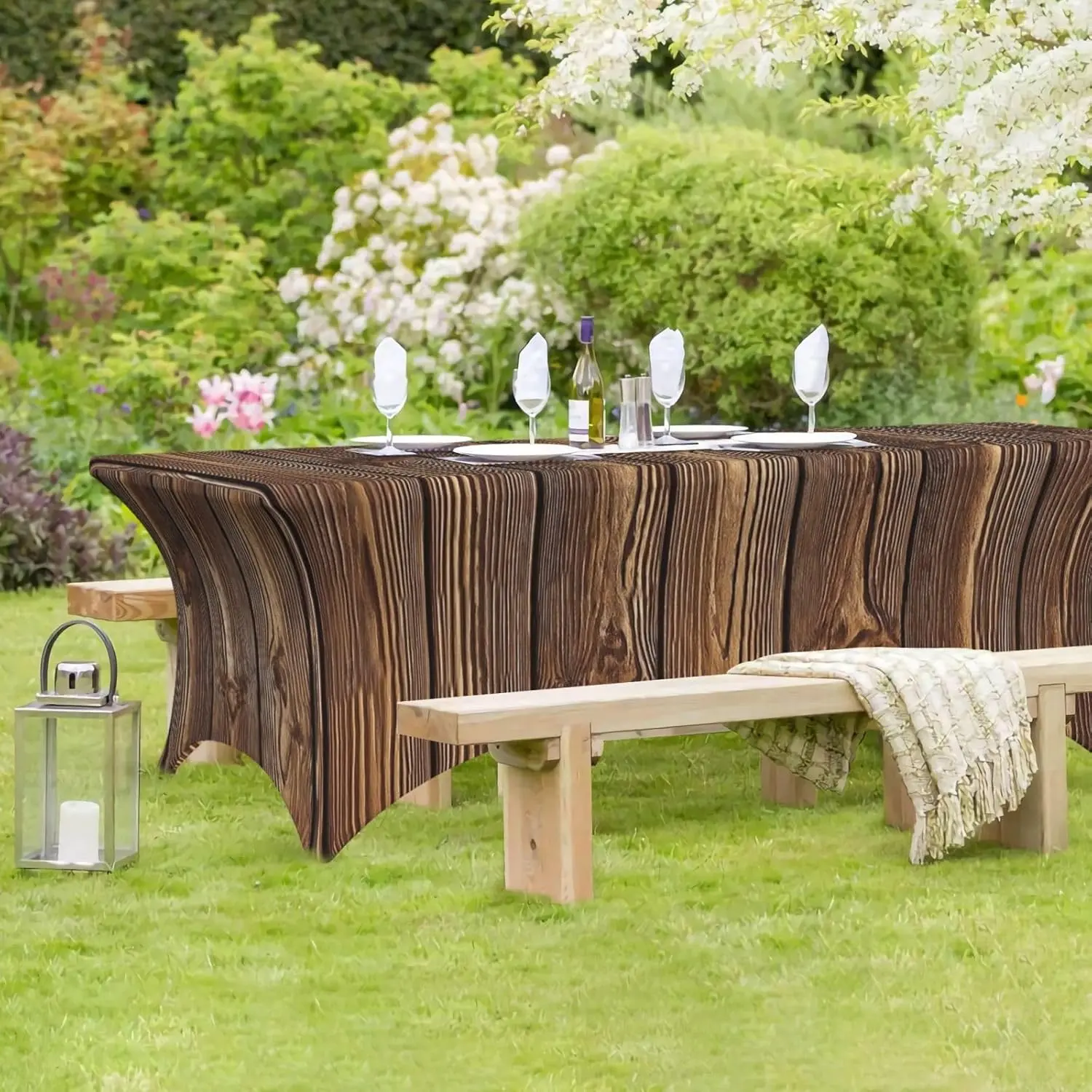 6ft (1.8m/72x30 in) 1-Piece Spandex Wood-Grain Elastic Wrap Rectangular Tablecloth, Washable Kitchen Linen for Table Protection, Weddings, Outdoor Party Supplies